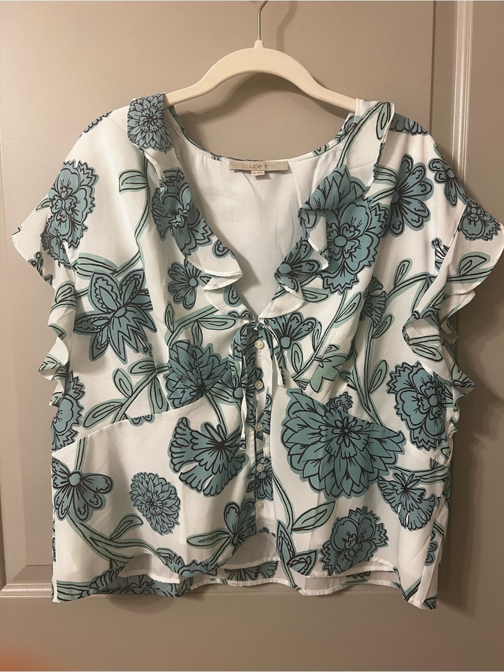 LOFT White Blouse with Teal Floral Ruffles and Tie Front